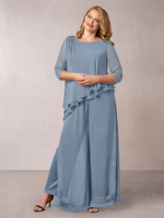 Mütter Brautkleid Grau Blau Bateau Neck Halbarm Applique Chiffon Hochzeitsgast Kleider