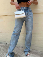 Mütter Jeans Damen Jeanshose Blauer Baumwollknopf Fliege Taille Gerade Hose Lange Jeanshose