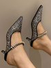 Mules Black Pointed Toe Kätzchen Absatz Micro Wildleder Upper Pearls Hollow Out Damen Sandalen