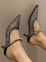 Mules Black Pointed Toe Kätzchen Absatz Micro Wildleder Upper Pearls Hollow Out Damen Sandalen
