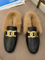 Mules Leder Schwarzes Fell Runde Zehen Slip-On Flache Freizeitschuhe