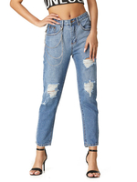 Mutter Jeans Frauen Blue Jeans Baumwolle Raised Cowboyhose Knopf Fly Taille Gerade Hose Zerrissene Jeans