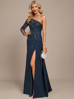 Mutterkleid One-Shoulder Lange Ärmel Ballkleid Pailletten Gastkleider für Hochzeit