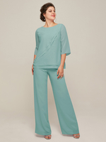 Mutterkleid Rundhalsausschnitt 3/4-Ärmel Zweiteilige Rüschen Bodenlanges Gastkleid für Hochzeit