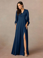 Mutterkleid V-Ausschnitt 3/4 Ärmel A-Linie Plissiert Bodenlang Hochzeitsgastkleider