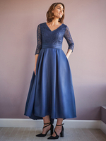 Mutterkleid V-Ausschnitt Halbarm A-Linie Perlenbesetztes Hochzeitsgastkleid