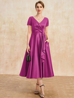 Mutterkleid V-Ausschnitt Kurze Ärmel A-Linie Plissee Gastkleider für Hochzeit