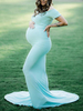 Mutterschaft Maxikleider Hell Himmelblau Kurzarm Bateau Neck Plissee Backless Long Dress