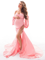Mutterschaft Maxikleider Rosa Langarm Bateau Neck Plissee Sommer Split Open Schulter bodenlanges Kleid