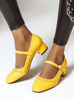 Niedrige Absätze für Frauen Mary Jane Vintage Schuhe Square Toe Yellow Pumps
