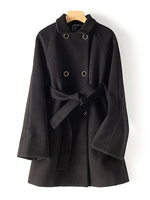 Oberbekleidung für Damen Turndown-Kragen Schnürung Lässiger Wintermantel aus schwarzem Polyester
