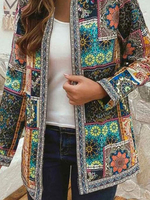 Oberbekleidung für Frau Orange lange Ärmel gedruckt Ethnic Casual Cardigan Coat