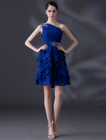 One Shoulder Cocktailkleid in Königsblau aus Chiffon mit Perlen-Applikation