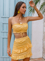 Orange 2-teilige Sets für Frauen Polyester Leibchen Bedrucktes Muster Faltenrüschen Freizeitrock Sommeroutfit
