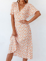 Orange Boho Kleid V-Ausschnitt Kurzarm Polyester Blumendruck Muster Strand Langes Kleid