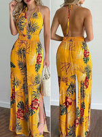 Orange Jumpsuit Blumendruck V-Ausschnitt Ärmellos Split Front Asymmetrische Halter Polyester Breites Sommer Einteiler Outfit