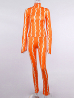 Orange Jumpsuit Streifenmuster Stehkragen Lange Ärmel Polyester Skinny Sommer Einteiler Outfit