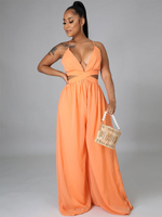 Orange Jumpsuit V-Ausschnitt Ärmelloser Schnürrücken Rückenlose Spaghettiträger Polyester Loose Summer Playsuit