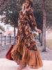 Orange Maxi-Kleider mit langen Ärmeln gedruckt V-Ausschnitt Lace Up Polyester Langes Kleid
