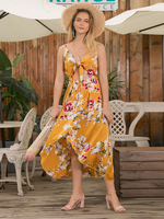 Orange Maxi Kleider Sleeveless Floral Gedruckt V-Ausschnitt Lace Up Geknotet Polyester Bodenlangen Sommerkleid