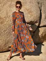 Orange Maxikleider Langarm Kleid mit Blumendruck; Juwelenhals; Baumwolle; bodenlanges Kleid