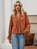 Orange-rotes Hemd für Frauen Polyester-Stehkragen Übergroße lässige plissierte lange ausgestellte Ärmeloberteile