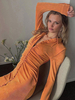 Orangefarbene Maxikleider für Damen Langarm-Turndown-Kragen Bodycon Polyester-Langkleid