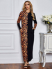 Orangefarbene Maxikleider für Damen Lange Ärmel Roter Leopardenmuster Jewel Neck Bodycon Baumwoll-bodenlanges Kleid