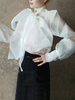 Organza Bluse Frauen Weiß Sheer Bows Long Sleeves Tops