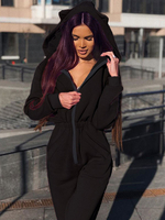 Overall Schwarz Mit Kapuze Lange Ärmel Ketten Polyester Tapered Fit Sommer Spielanzug Frauen Strampler