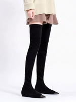 Overknee-Stiefel aus Wildleder Schwarz Spitzschuh Flache Schenkel-hohe Aufladungen für Frauen