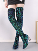 Overknee-Stiefel Blue Green Square Toe Pailletten-Winterstiefel für Damen