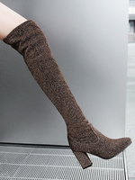 Overknee-Stiefel Coffee Brown Round Toe Pailletten Stoff Winterstiefel für Frauen