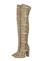 Overknee-Stiefel für Damen Elastischer Stoff Leopard Pointed Toe Chunky Heel Boots