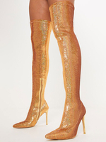 Overknee-Stiefel Paillettenbesetzte leichte goldene spitze Zehen-Stöckelschuhe mit hohem Oberschenkel