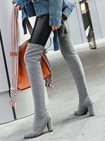 Overknees Stiefel mit Blockabsatz Paillettestoff Damen Winter Schuhe