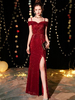 Pailletten Abendkleider Sexy Schulterfrei Split Bodenlang Maxi-Kleid