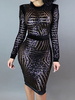 Pailletten Club Kleid Schwarzes Kleid Langarm Rundhalsausschnitt Sexy Midikleid