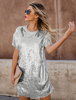 Pailletten T Shirt Kleid Kurzarm Zweifarbig Damen Shift Dress