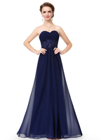 Party Chiffonkleider trägerlose Schatz Brautjungfer Kleider dunkel Marine Spitze Applique rückenfreie eine Line Stock Länge Party Kleider