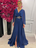 Partykleider Blau V-Ausschnitt Lange Ärmel Polyester Niedriger Schlitz Semi-formelles Kleid