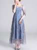 Partykleider Blue Jewel Neck Bestickte 3/4 Länge Ärmel Semi Layered Tulle Formal Dress