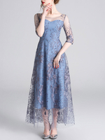 Partykleider Blue Jewel Neck Bestickte 3/4 Länge Ärmel Semi Layered Tulle Formal Dress