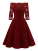 Partykleider Burgunderrot Bateau-Ausschnitt 3/4-Ärmel Midi-halbformelles Kleid