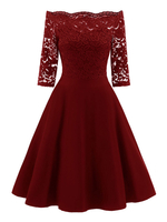 Partykleider Burgunderrot Bateau-Ausschnitt 3/4-Ärmel Midi-halbformelles Kleid