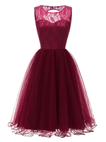 Partykleider Burgunderrot Jewel Neck Sleeveless Lace Midi Semi-formelles Kleid