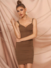 Partykleider Deep Apricot V-Ausschnitt Plissee Ärmellos Irregular Midi Semi Formal Dress