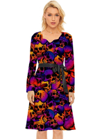 Partykleider Deep Purple V-Ausschnitt Lace Up Lange Ärmel Halloween Printed Stretch Semi Formales Kleid