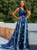 Partykleider Dunkelblau mit V-Ausschnitt zum Schnüren ärmelloses Tierdruck rückenfreies Semi-formelles Kleid