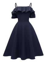 Partykleider Dunkelblau Träger Ausschnitt Ärmellos Polyester Midi Halb Formales Kleid